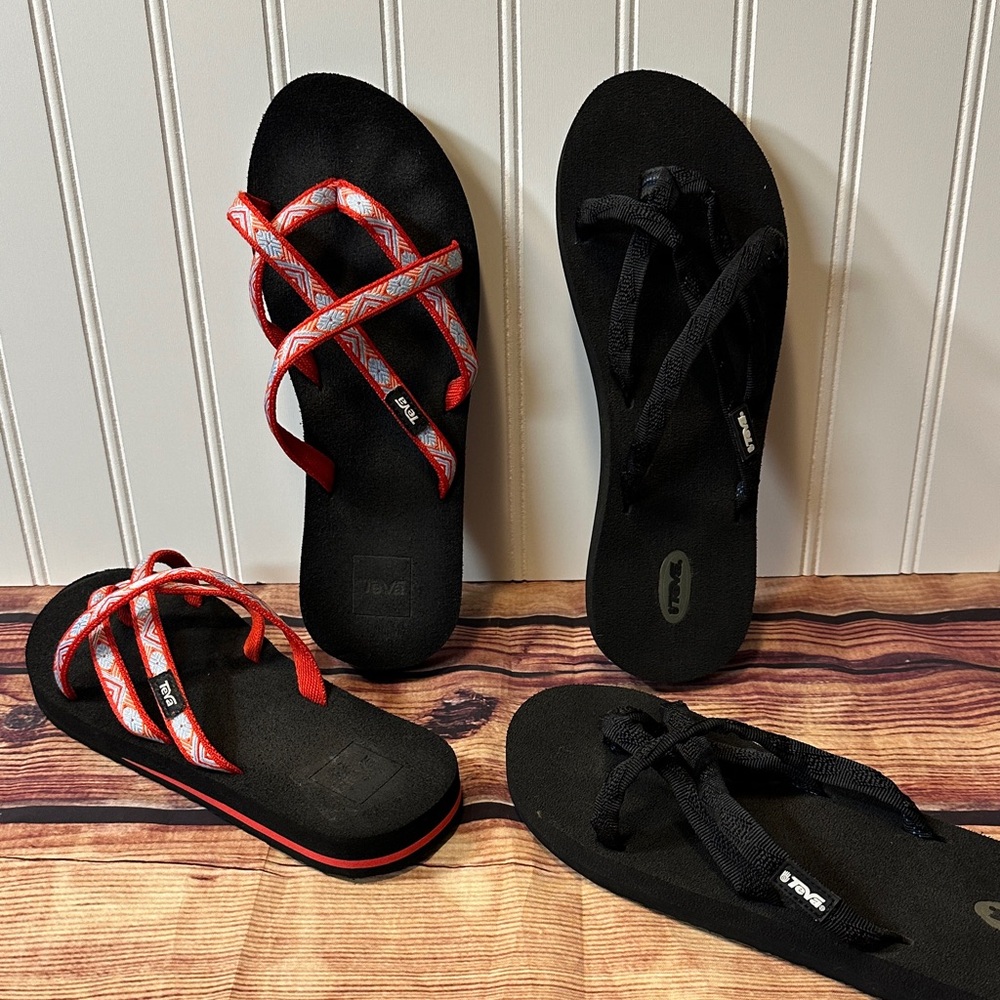 Two pair Teva Sandals  Black Pair and Red Pair size 8
